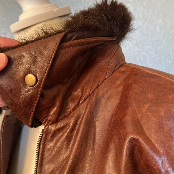 Size M brown camel cognac vegan leather bomber jacket removable faux fur collar - Picture 2 of 6